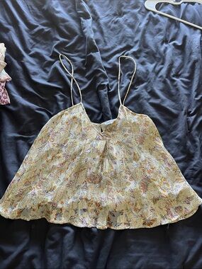 Zara Floral Print Spaghetti Strap Crop Top in Cream and Yellow with gold accents
